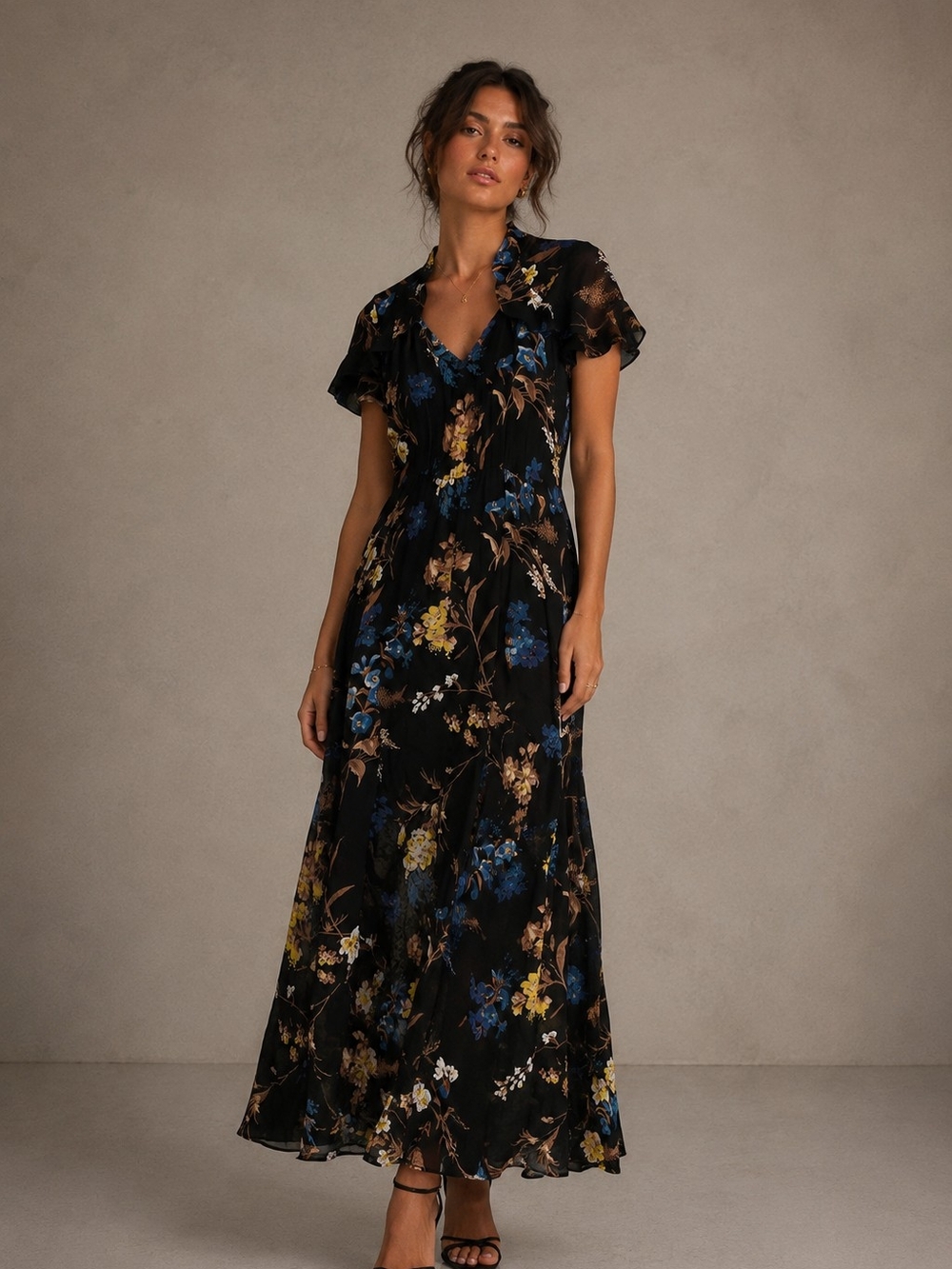 Black Floral Maxi Dress with Blue and Yellow Blooms